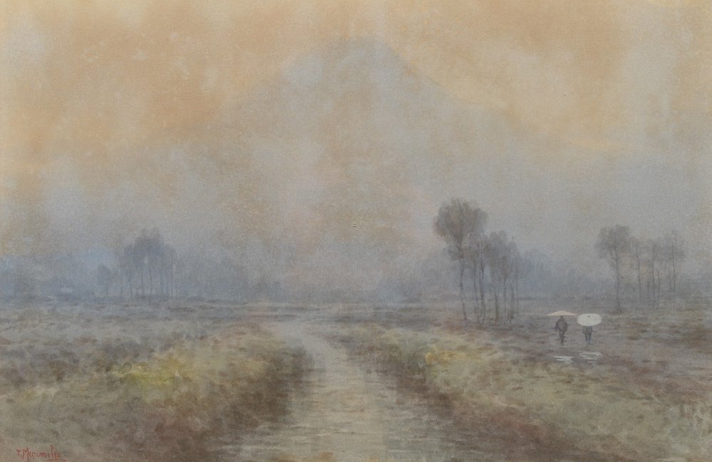 MISTY JAPANESE LANDSCAPE PAINTING WITH MT FUJI: MISTY JAPANESE LANDSCAPE PAINTING WITH MT FUJI: Watercolor, sight size 12.25" x 18.5", signed lower left T Masamitsu. Scene Depicts Several Travelers on Foot by a Stream Leading to Mt Fuji in a Misty 