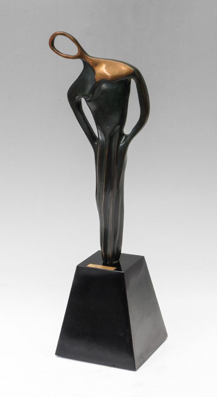 JOSEPH ROTELLA TAP DANCING BRONZE: ROTELLA, Joseph (): "Tap Dancing", Bronze, 16" h., signed verso and numbered 8/80, affixed to handmade rotating plinth, overall measures 23" h. x 6" x 6".