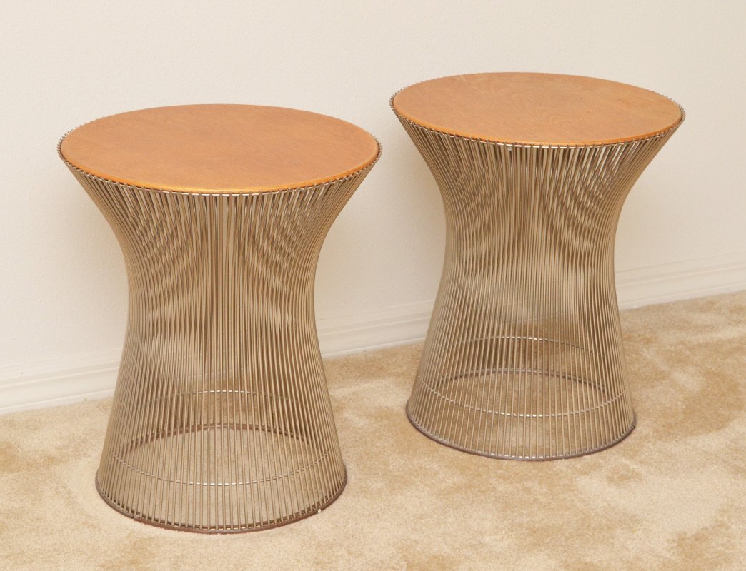 PAIR WARREN PLATNER FOR KNOLL WIRE SIDE TABLES: PAIR WARREN PLATNER FOR KNOLL WIRE SIDE TABLES: Shaped wire body, attributed to Warren Platner for Knoll, unsigned. Custom inset wood tops, overall measure 18" h. x 16" dia.