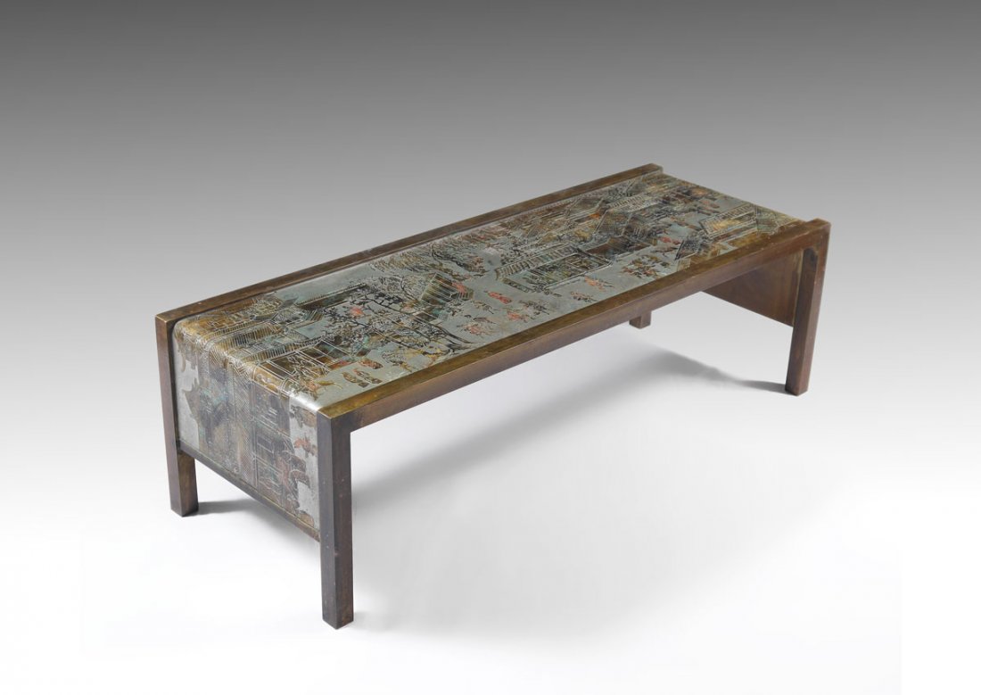 PHILIP AND KELVIN LAVERNE SPRING FESTIVAL TABLE: PHILIP AND KELVIN LAVERNE SPRING FESTIVAL TABLE: Polychrome decorated bronze and mixed metal table with Chinese spring festival motif. Signed on top, original shipping label under top. Measures 16" h.