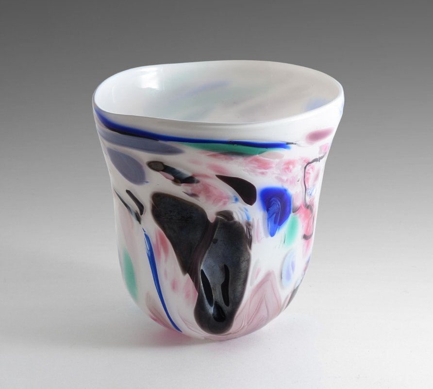 DUNCAN MCCLELLAN FUSED ART GLASS VASE: DUNCAN MCCLELLAN FUSED ART GLASS VASE: Free form vase with polychrome fused glass accents, singed on base Duncan McClellan, measures 7 1/4'' h. x 7'' dia.