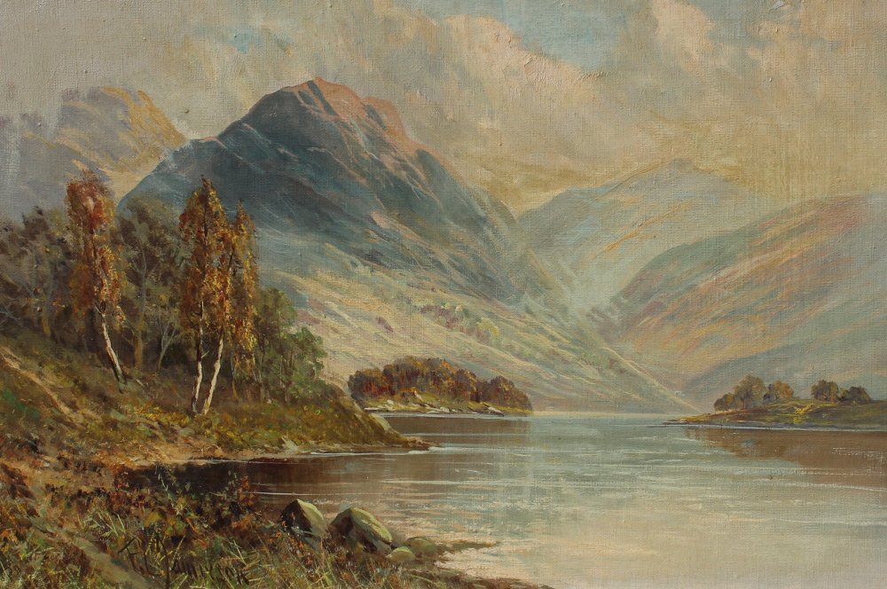 FE JAMIESON HIGHLAND PAINTING: JAMIESON, Frances, (British, 1895-1950): Perthshire Highland Valley Landscape, Oil/Canvas, 16" x 24", signed lower left, gilded frame, 19" x 27".