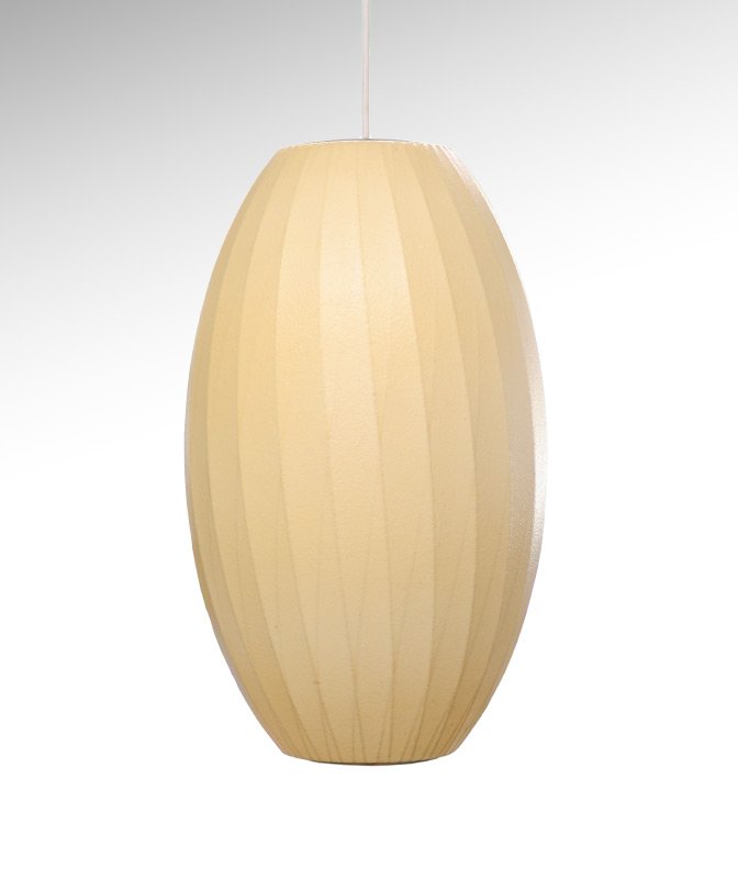 GEORGE NELSON MODERNICA HANGING BUBBLE LAMP: GEORGE NELSON MODERNICA HANGING BUBBLE LAMP: Cigar shape, original Modernica label on heat cap, latex over metal spines. Overall measure 20'' x 12'' excluding cord.