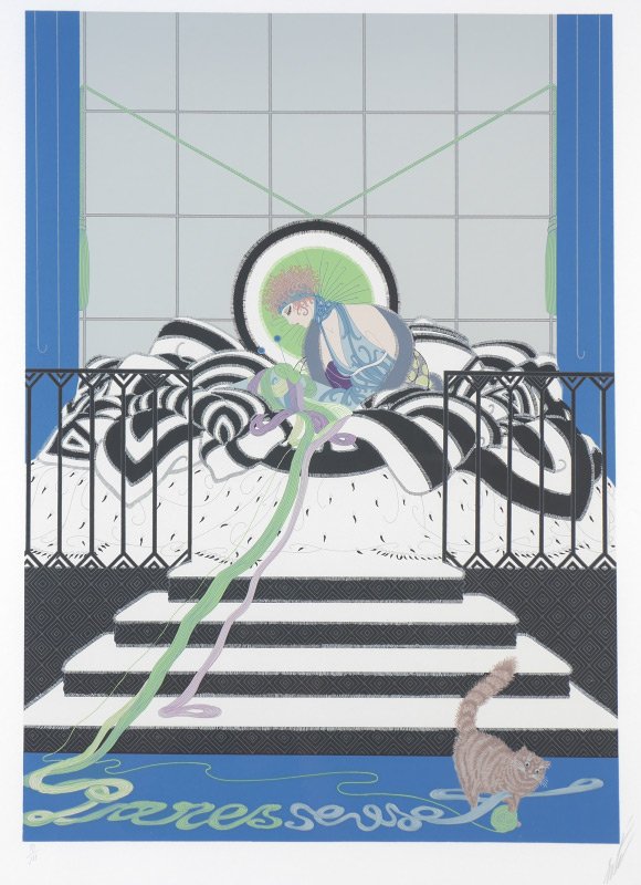 ERTE PRINT "PARESSEUSE": ERTE (Russian, 1892-1990): "Paresseuse", serigraph, 28" x 20", signed lower right, numbered 93/300 lower left, metal frame 40" x 32". Born in Russia and the son of an admiral of the Imperial Fleet, Er