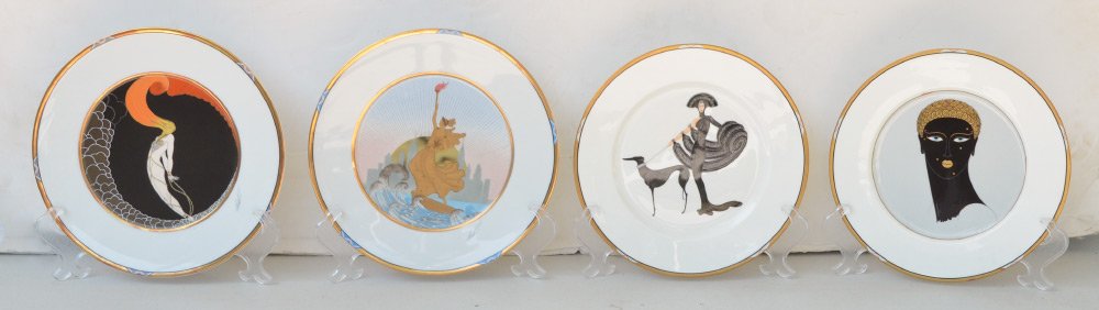 4 ERTE ART DECO CHINA PLATES: 4 ERTE ART DECO CHINA PLATES: Collection of 4 plates by Erte, 2 marked on back with facsimile of Erte signature, Bone China, Japan and title of plate to include 1) "Queen of Sheeba", A3253/1987. 2) "S