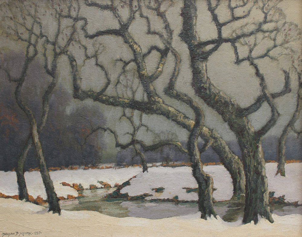 BENSON BOND MOORE UPPER ROCK CREEK IN WINTER: MOORE, Benson Bond, (American, 1882-1974): "Upper Rock Creek in Winter", Oil/Board, 16" x 20.5", signed lower left and dated 1957, titled verso and dated, #613, framed 19.25" x 23.5". Acquired from ne