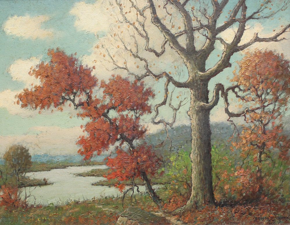 BENSON BOND MOORE OVERLOOKING THE ANACOSTIA, DC: MOORE, Benson Bond, (American, 1882-1974): "Overlooking the Anacostia, DC", Oil/Board, 18" x 14", signed lower right and dated 1955, titled verso, #590, Dedicated To Mr. and Mrs. Marsh with the best o