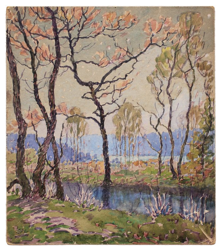 BENSON BOND MOORE NEAR CHAIN BRIDGE: MOORE, Benson Bond, (American, 1882-1974): "Near Chain Bridge", Oil/Board, 7" x 8", Signed "BM" Lower Left Corner, #949 verso with title and dated 1921, unframed. Acquired from neighbor and personal f