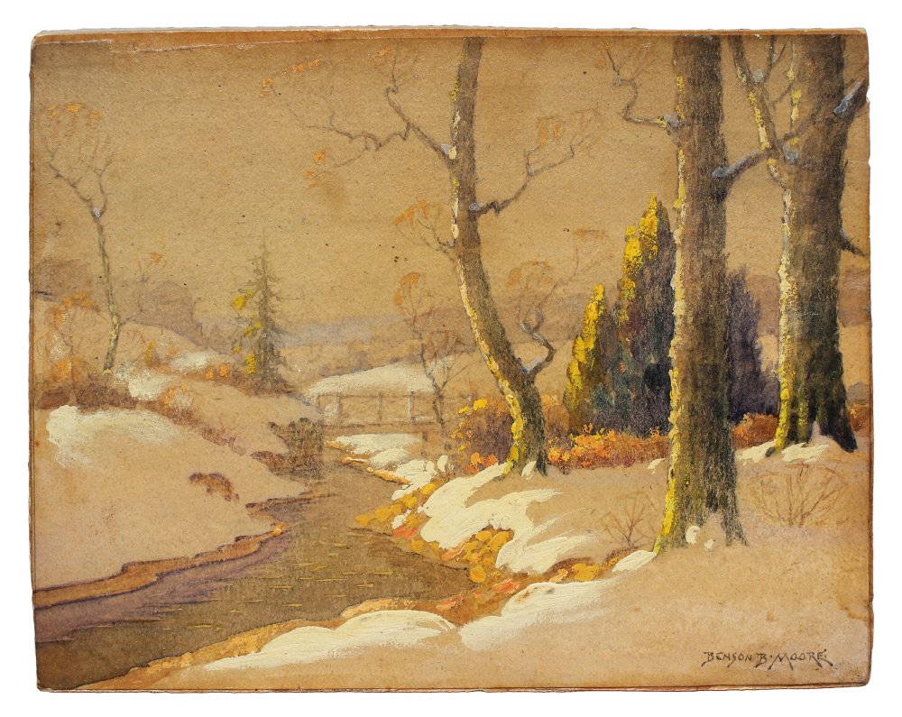 BENSON BOND MOORE WINTER MORNING ON NORTHWEST BRANCH DC: MOORE, Benson Bond, (American, 1882-1974): "Winter Morning on Northwest Branch, DC", Oil/Board, 6" x 8", Signed Lower Right, Benson B. Moore. Acquired from neighbor and personal friend of the artist.