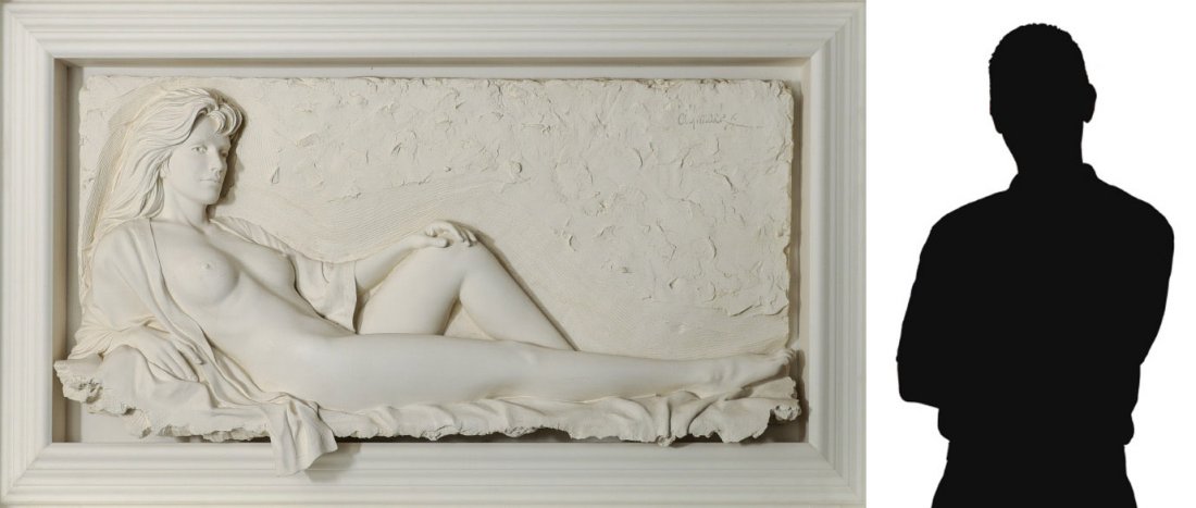 BILL MACK NUDE SCULPTURE "FASCINATION": MACK, Bill, (American, 1949-): "Fascination", Bonded Sand Sculpture, 33" x 62", signed upper right, numbered 27/50, framed, 43" x 74" x 9" deep. Sold with accompanying wooden shipping crate. Bill Mack
