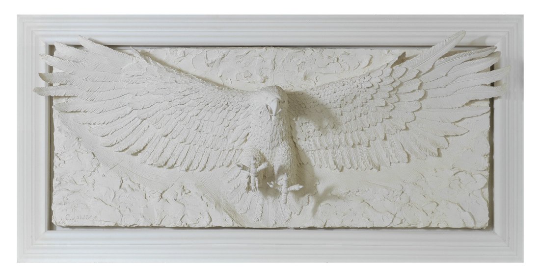 BILL MACK BONDED SAND SCULPTURE "GRANDEUR": MACK, Bill, (American, 1949-): "Grandeur", Eagle in Flight, Bonded Sand Sculpture, 30" x 72", framed, 39" x 79" x 12" deep With Frame, signed lower left and numbered VIII/X, (8/10), sold with wooden p