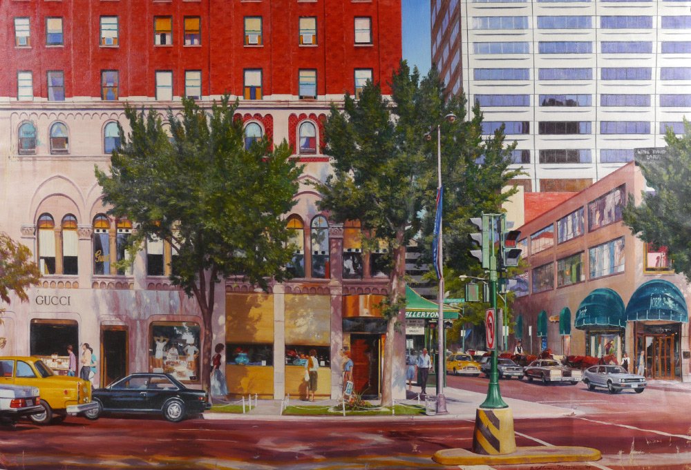 LARGE WILLIAM NELSON CHICAGO STREET PAINTING: NELSON, William, (American, 1942-): Chicago Street Scene at the Corner of Michigan Ave, Allerton Hotel and Gucci, Oil/Canvas, unstretched, 38" x 58", signed lower right and dated '84. Original receipt