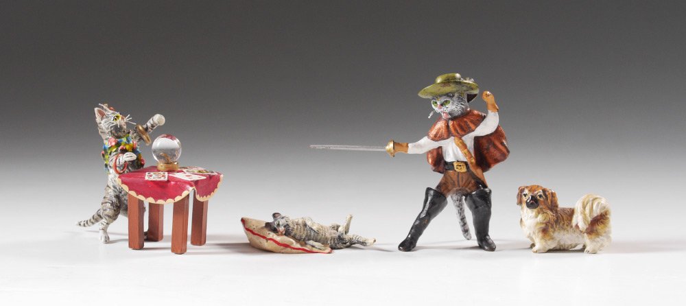 4 MINIATURE COLD PAINTED BRONZE FIGURES BERGMAN IN: 4 MINIATURE AUSTRIAN COLD PAINTED BRONZE FIGURES: 4 pieces total to include 1) Franz Bergman signed cat sleeping on a pillow, #4152, 1 3/4''. 2) Figure of Puss in Boots, 2 1/2'' h. 3) Figure of a cat