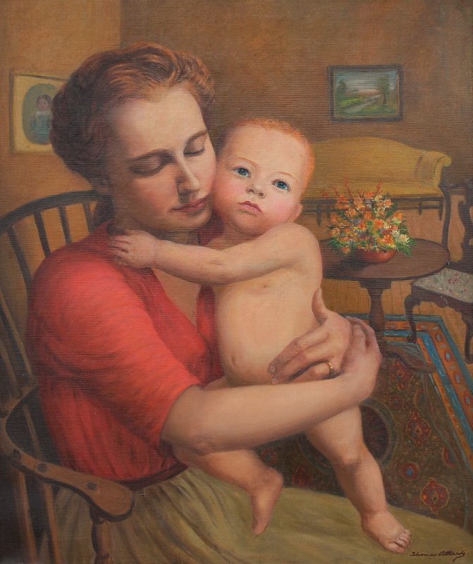 THOMAS ATTARDI MOTHER AND CHILD PAINTING: ATTARDI, Thomas, (American, 1900-): Mother and Child in an Interior, Oil/Canvas, 30'' x 25'', signed lower right, framed, 34.5'' x 29.25''. Attardi was born in 1900 in Italy. He attended the Art Stude