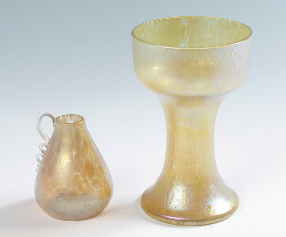 2 PIECE LOETZ CANDIA PAPILLON CHALICE & CREAMER: 2 PIECE LOETZ CANDIA PAPILLON CHALICE & CREAMER: 2 piece total to include 1) Signed Loetz Austria chalice, 6 1/4" h. x 4". 2) Unsigned attribution, diminutive handled creamer or pitcher, 3 3/4" h. x 2