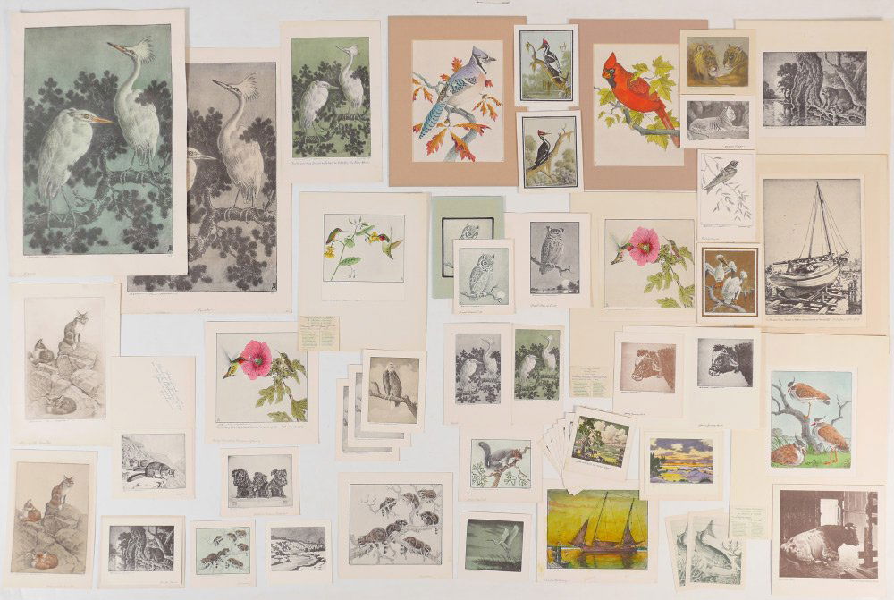 48 PIECE BENSON BOND MOORE LITHOGRAPH AND GREETING: 48 PIECE BENSON BOND MOORE LITHOGRAPH AND GREETING CARD LOT: 48 Piece Lot to Include: Various Lithographs and Greeting Cards. Many of which are hand colored, most are signed and titled by the artist,