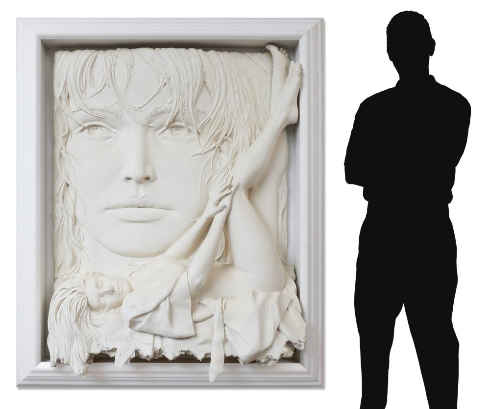 BILL MACK BONDED SAND SCULPTURE RAPTURE: MACK, Bill (American, 1949-): "Rapture", Bonded Sand, First Casting Taken from the Mold, Approx. 46" x 37", original painted white frame, 57.5" x 48", signed lower left, marked "TP". Bill Mack is in a