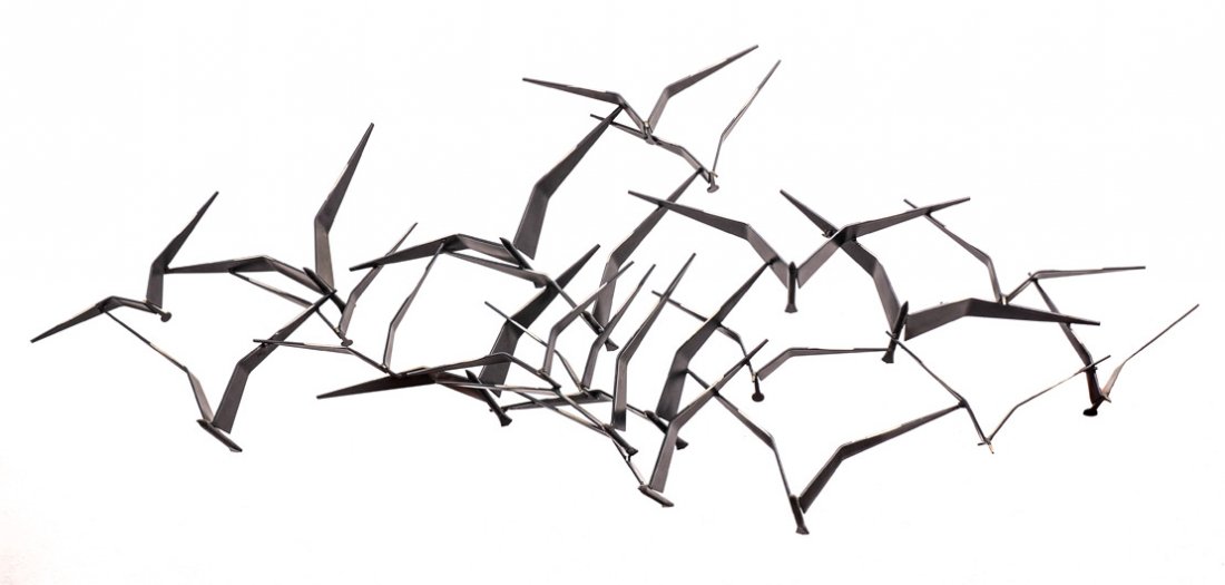 CURTIS JERE BLACK SEAGULLS IN FLIGHT 1969: CURTIS JERE SEAGULLS IN FLIGHT: Black metal bird wall sculpture, signed, dated 1969, measure 20 1/2" h. x 57" x 8 1/2".