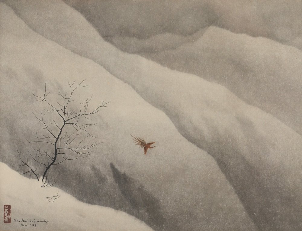 SANKEI SHIMIZU EVENING SNOW PAINTING: SANKEI SHIMIZU EVENING SNOW PAINTING: Watercolor, sight size 12" x 16.25", signed lower right and dated 1948, old label affixed verso, original frame 18.5" x 23.25".