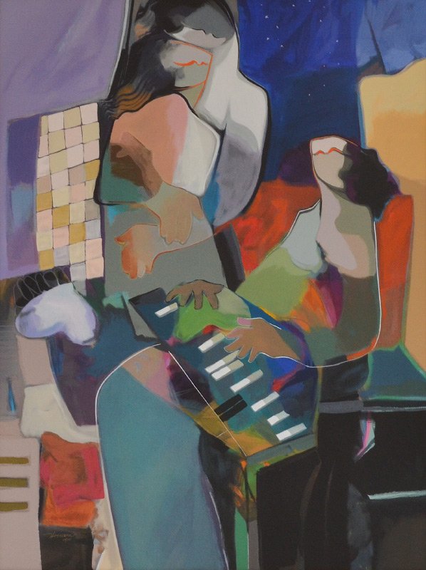 LARGE HESSAM ABRISHAMI SERIGRAPH ON CANVAS INSPIRATION: ABRISHAMI, Hessam, (Iranian, 1951-): "Inspiration", Serigraph/Canvas, 48" x 36", signed lower left and numbered 149 of 295, custom frame 57.5" x 45.75". With an MFA from Accademi De Belle Arti in Peru