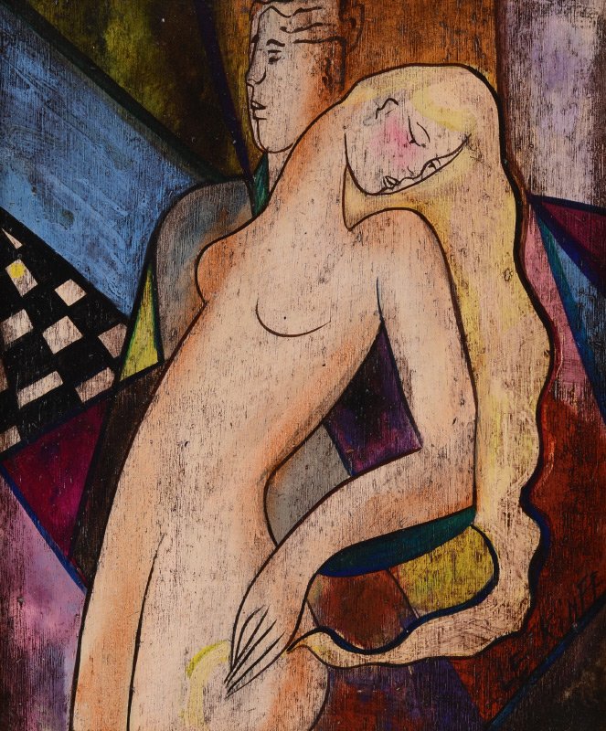 LINDA LE KINFF PAINTING TEMPETE: LE KINFF, Linda, (French, 1949-): "Tempete", Acrylic/Wood, Young Female Nude and Male Lover, 10.5" x 8.25", signed lower right, custom frame, 22" x 20.5". Educated in Italy, Le Kinff studied after the