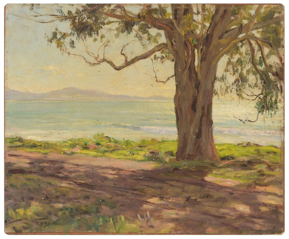 HOWARD RUSSELL BUTLER EXHIBITED PAINTING: BUTLER, Howard Russell, (American, 1856-1934): "Trunk of Eucalyptus", Oil/Canvas laid on board, signed lower left, 13" x 16", artist label verso with title, measurements and date of 1906, unframed. A 
