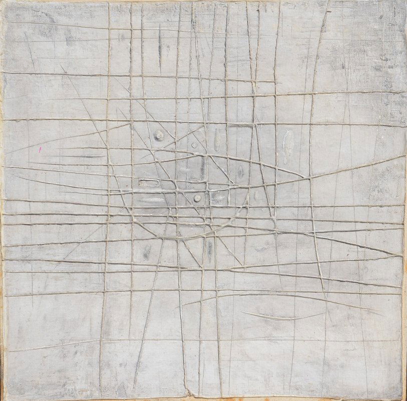 PAUL MAXWELL ABSTRACT PAINTING NETOFFORCES: MAXWELL, Paul, (American, 1925-): "Netofforces" Abstract Composition, Oil/Canvas, 20.5" x 20.5", original gallery label affixed verso, original frame 22" x 22". Known for his abstract, mixed media and