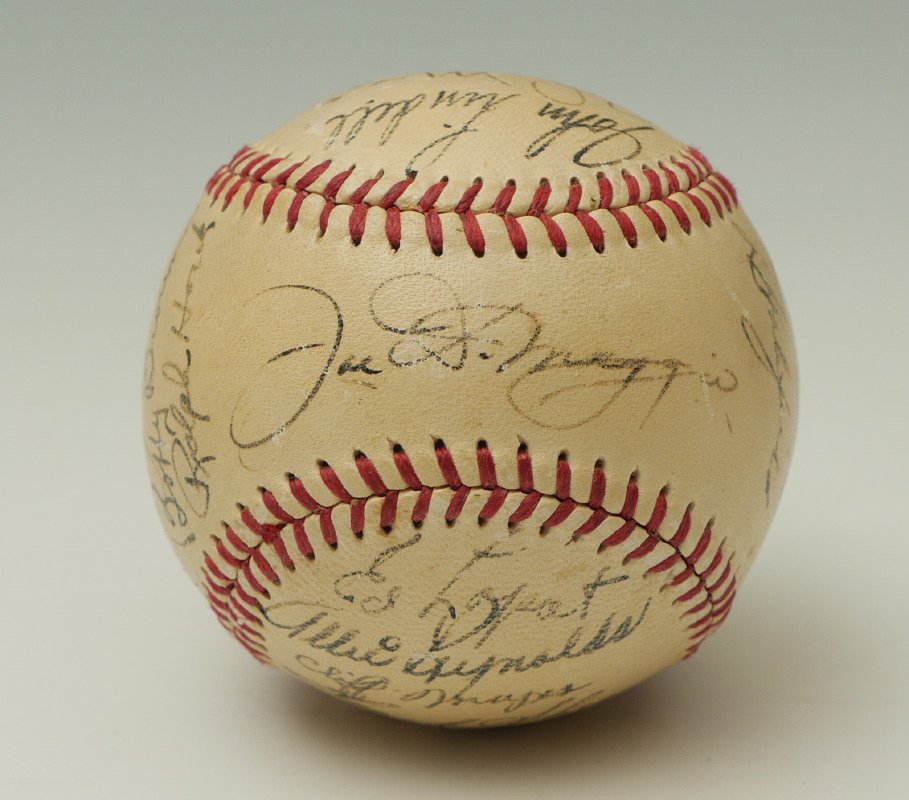 1950 NEW YORK YANKEES TEAM SIGNED BASEBALL: 1950 NEW YORK YANKEES TEAM SIGNED BASEBALL: Total of 23 of the World Champion 1950 team, signatures with Hall of Famers to include Joe DiMaggio, Phil Rissuto, Johnny Mize, Casey Stengel and Bill Dicke