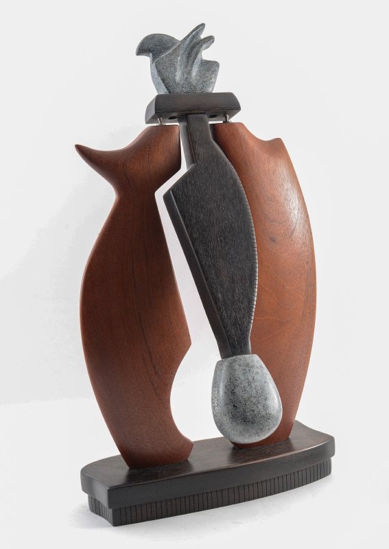 MICHAEL COSTELLO KINETIC SCULPTURE: COSTELLO, Michael, (American, 20th C.): Modern Kinetic Sculpture, Wood and Stone, 21.5"h. x approx. 12" x 4" overall, signed and dated 1993.