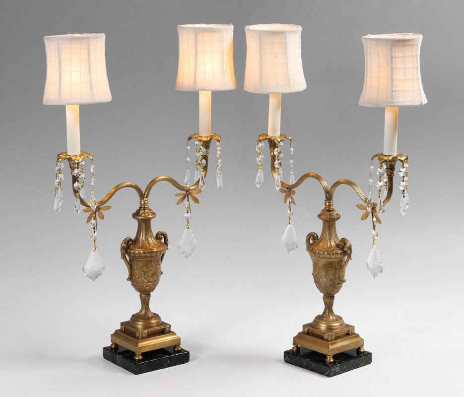 PAIR FREDERICK COOPER CANDELABRA LAMPS: PAIR FREDERICK COOPER CANDELABRA LAMPS: Embossed urn form body, 2 shaped arm with applied dragonflies and crystal drops, faux marble bases marked Frederick Cooper, overall measures 19 3/4'' h. x 14''