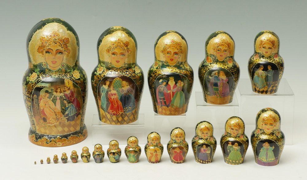 HAND PAINTED MATRYOSHKA DOLLS: HAND PAINTED MATRYOSHKA DOLLS: Fully detailed Russian Nesting Dolls in a Cinderella theme, signed on the bottom of largest doll, separates to a full 20 pieces, 12''h. down to 5/16''.