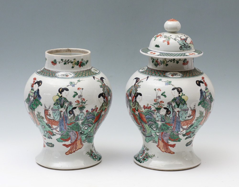 PAIR OF CHINESE GINGER JARS: PAIR OF CHINESE GINGER JARS: Polychrome decorated earthenware ginger jars with genre scenes of maidens. Unmarked, overall measures 17 3/4'' h. x 10'' including lid on one.