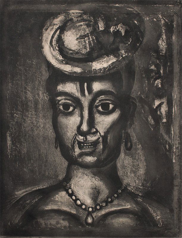 GEORGE ROUAULT ETCHING AND AQUATINT PORTRAIT 1923: ROUAULT, George, (French, 1871-1958): Portrait of a Woman, Aquatint/Etching, size with margins 25.5'' x 19.75'', signed lower right, signed in the plate lower left and dated '23. Impression size is 22