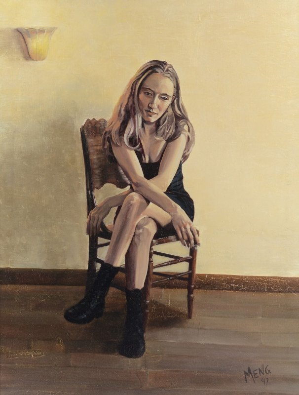 PENSIVE SEATED GIRL PAINTING SIGNED MENG: PENSIVE SEATED GIRL PAINTING SIGNED MENG: Pensive Seated Girl, Oil/Canvas, 34" x 26", signed lower right, dated '97, framed 37" x 29".