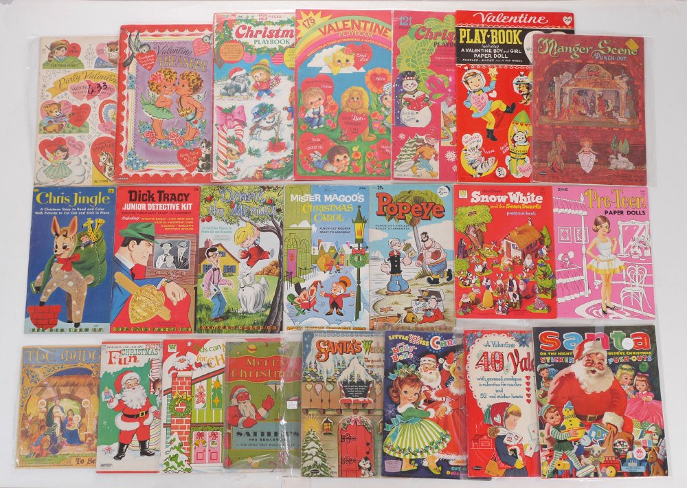 22 VINTAGE HOLIDAY PAPER DOLL BOOKS: COLLECTION OF 22 VINTAGE HOLIDAY PAPER DOLL BOOKS: 22 assorted paper dolls, activity and Valentines Day cards books primarily with Christmas and Valentines Day themes, a couple of other assorted theme