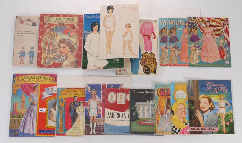 16 VINTAGE HISTORIC PAPER DOLL BOOKS: COLLECTION OF 16 VINTAGE HISTORIC PAPER DOLL BOOKS: 15 assorted paper dolls books with royalty, president and first lady themes, an additional Jackie & Caroline box set as well. Publishers include Whi