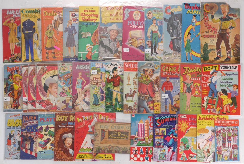 35 VINTAGE BOY THEMES PAPER DOLL BOOKS: COLLECTION OF 35 VINTAGE BOY THEMES PAPER DOLL BOOKS: 35 assorted paper dolls books with various themes to include cowboys, military, play sets, comics and more. Publishers include Whitman, Merrill, S