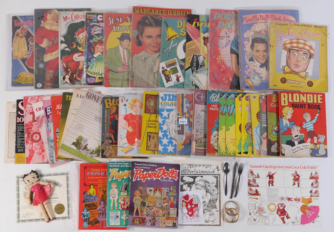 VINTAGE COLORING BOOKS & PAPER DOLL EPHEMERA: COLLECTION OF VINTAGE COLORING BOOKS & PAPER DOLL EPHEMERA: An assembled collection of vintage coloring books, sheet music, magazines and collector guide books on paper dolls.