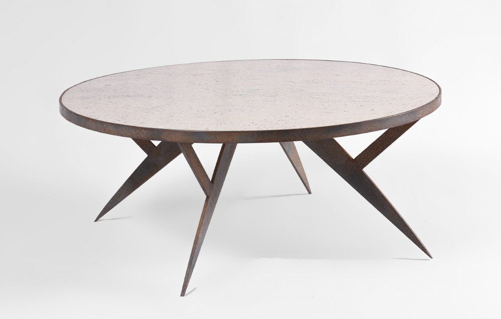 Attrib SILAS SEANDEL GRANITE & STEEL COFFEE TABLE: Attrib. SILAS SEANDEL GRANITE & STEEL COFFEE TABLE: Steel round frame with inset granite top, splayed steel legs. Overall measures 14 3/4" h. x 36" dia.