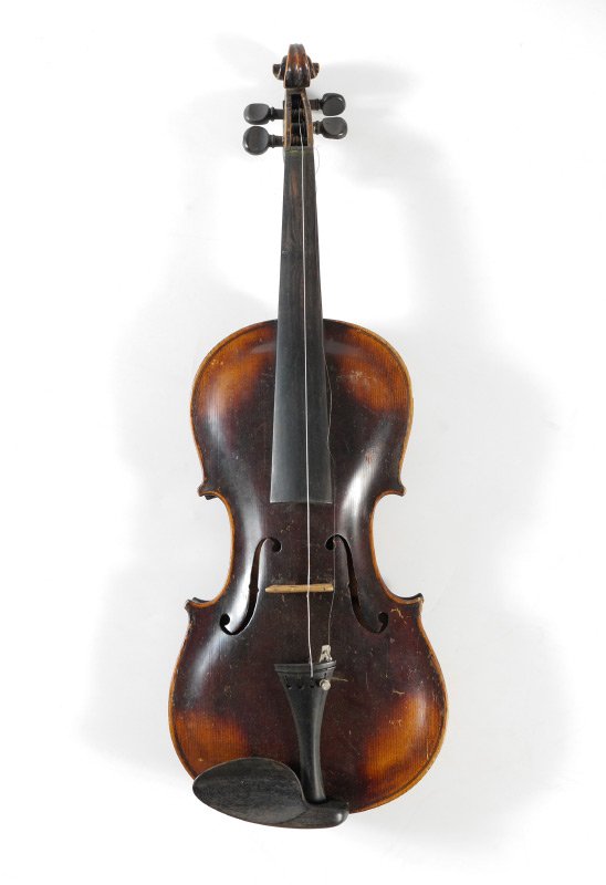 GERMAN LABELED JACOBUS STAINER VIOLIN: GERMAN LABELED JACOBUS STAINER VIOLIN: Impressed Stainer mark on 2 piece 14 1/2" back, labeled Jacobus Stainer, Made in Germany interior. Overall measures 23 3/4" long. Sold with illegibly signed bow.