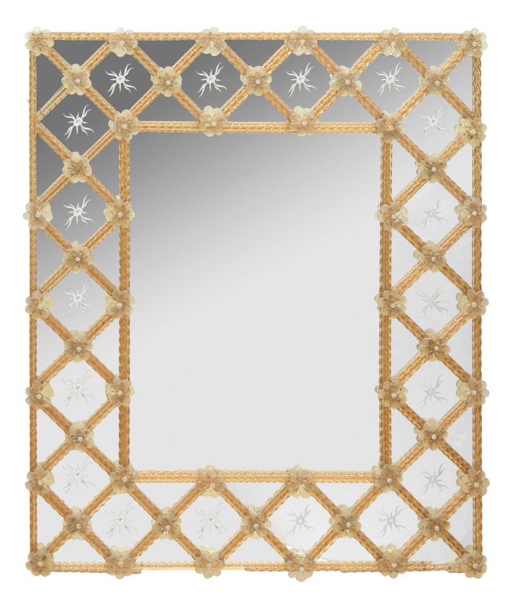 RECTANGULAR CONTEMPORARY VENETIAN GLASS MIRROR: RECTANGULAR CONTEMPORARY VENETIAN GLASS MIRROR: With applied geometric rope twist borders and floral rosettes. Overall measures 48 1/4" h. x 40 1/2" x 1 3/4".