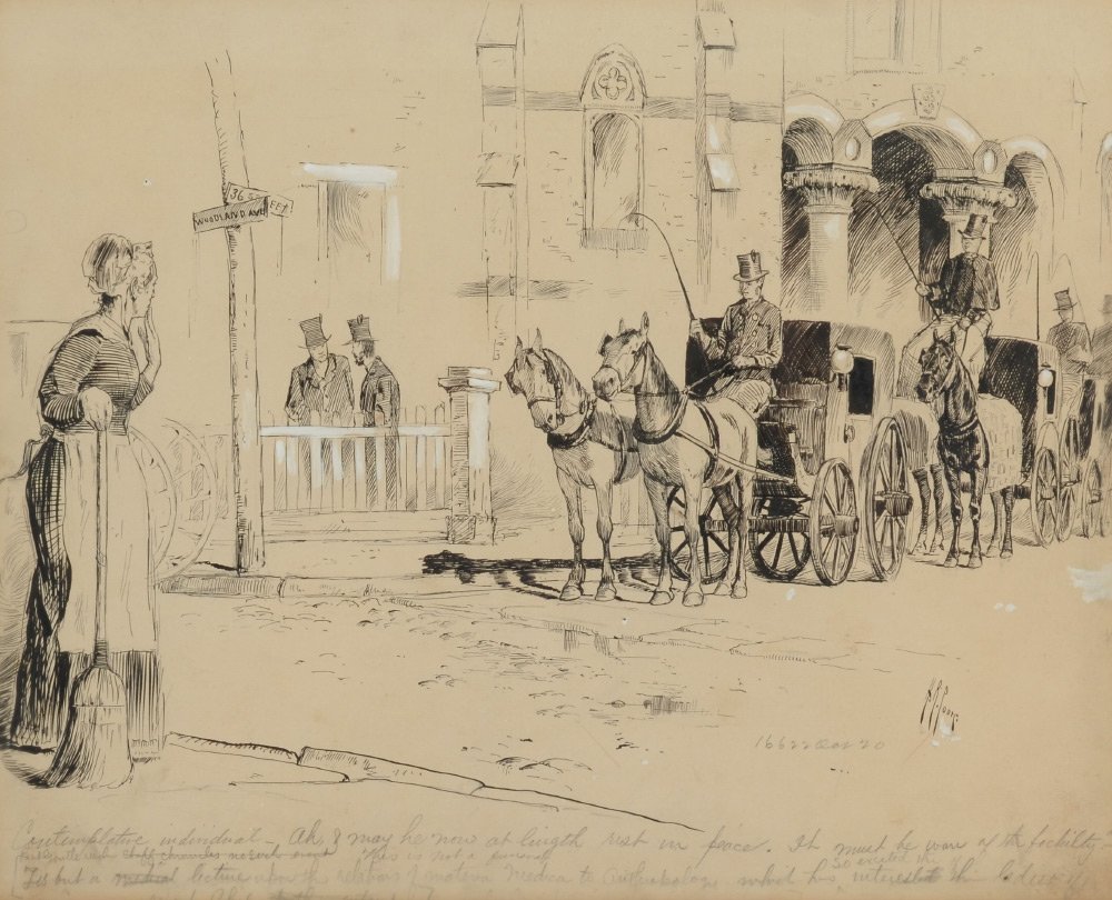 HENRY RANKIN POORE FUNERAL ILLUSTRATION: POORE, Henry Rankin, (American, 1859-1940): Illustration of a Funeral Procession, Pen Ink, sight size 10.5" x 12.75", black frame 18.75" x 20.5", signed lower right, descriptive elaboration written in