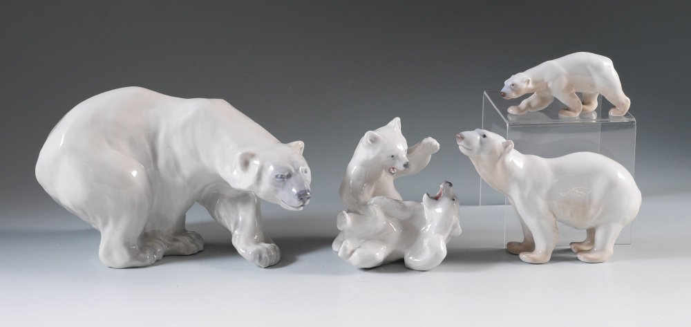 4 POLAR BEARS BING & GRONDAHL ROYAL COPENHAGEN: DANISH PORCELAIN POLAR BEARS: 4 piece lot to include, ROYAL COPENHAGEN #1137 Large bear 6.5" x 10.5" x 6.5" & #1107 Cubs wrestling 5.5" x 4.75" x 5.5"; BING & GRONDAHL #1962 Large bear 5.25" x 7.5" x 