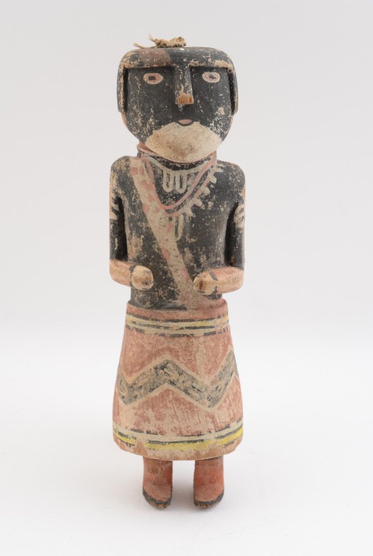 EARLY / MID 20TH CENTURY CARVED HOPI KACHINA DOLL: EARLY TO MID 20TH CENTURY CARVED HOPI KACHINA DOLL: Polychrome paint decorated carved cottonwood root, cotton string remains. Overall measures 12 1/2" h. x 4" dia.