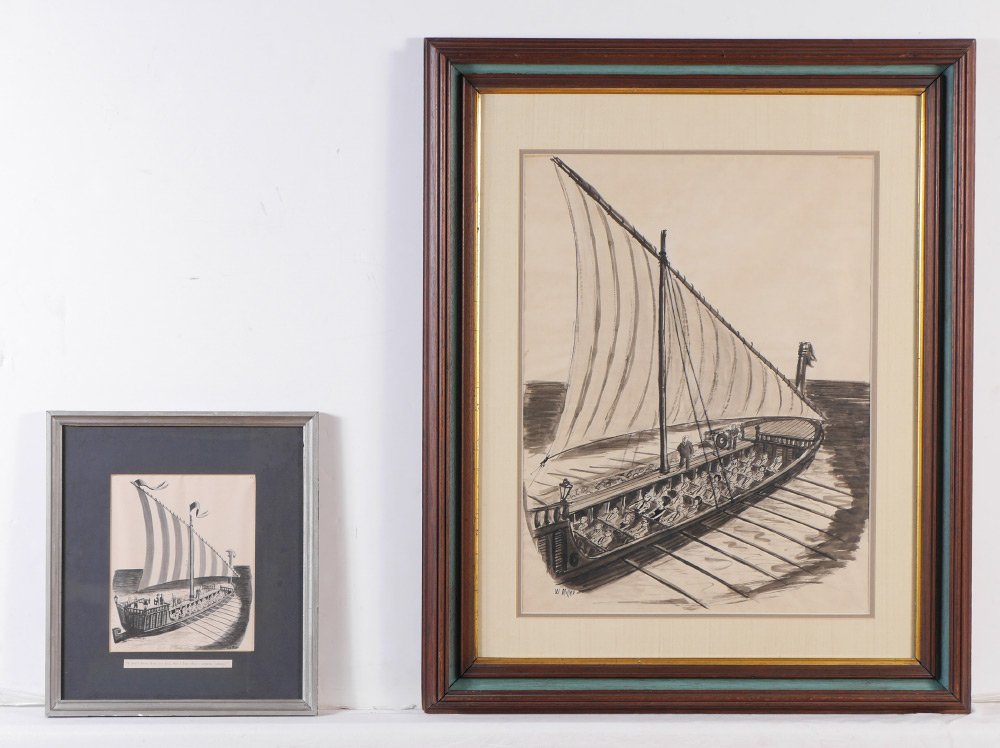 WARREN MILLER MAD MEN ERA NEW YORKER CARTOON: MILLER, Warren, (American, 20th Century): "Mad Men" era original watercolor illustration cartoon for the New Yorker featuring a Roman type ship with sail and oars. Caption with the accompanying cartoo