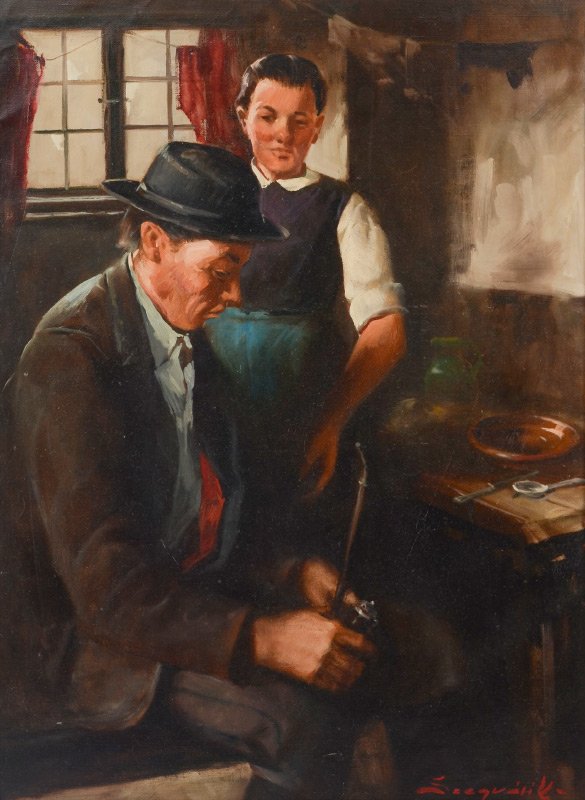 SZCZEBLEWSKI GENRE PAINTING: SZCZEBLEWSKI GENRE PAINTING: Interior Tavern Scene with Pipe Smoker and Bar Maid, Oil/Canvas, 32" x 24", signed lower right, carved frame 40" x 32".