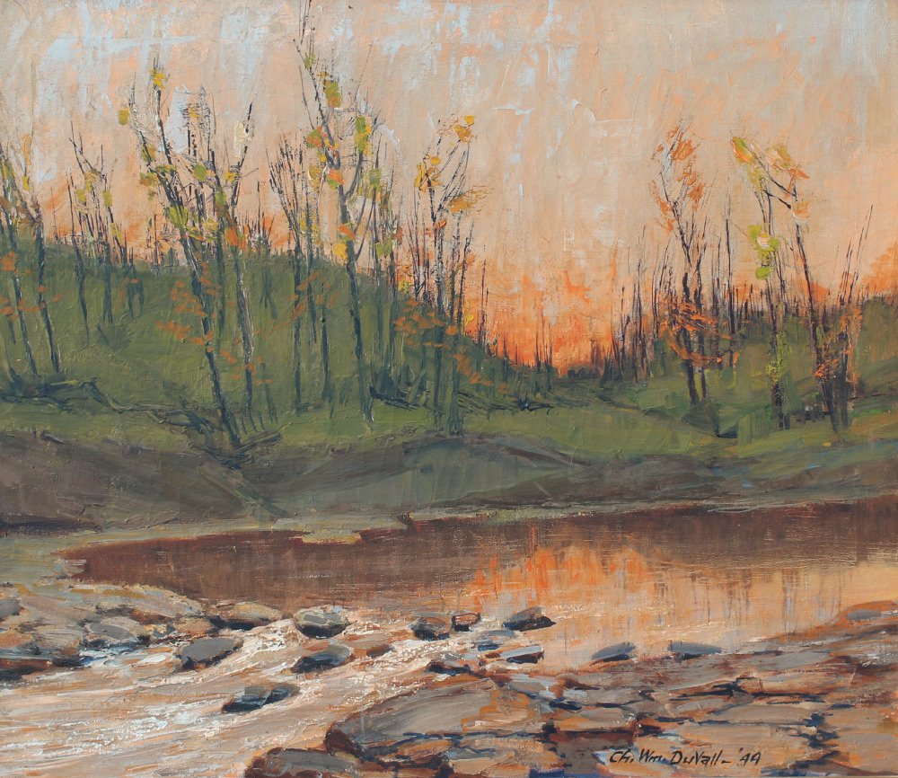 CHARLES WILLIAM DUVALL SUNSET LANDSCAPE PAINTING: DUVALL, Charles William, (American 1864-1966): Landscape with Stream and Sunset, Oil/Canvas, 24" x 28", signed lower right, dated 49, framed 28.5" x 32.5".