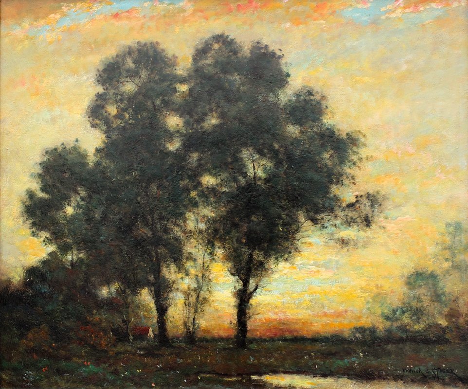 DEDRICK BRANDS STUBER TREES IN TWILIGHT PAINTING: STUBER, Dedrick Brands, (American, 1878-1954): Trees in Twilight, Oil/Board, 20" x 24", signed lower right, gesso frame 25" x 29", original label affixed verso from Daniel Rees. Stuber was primarily a