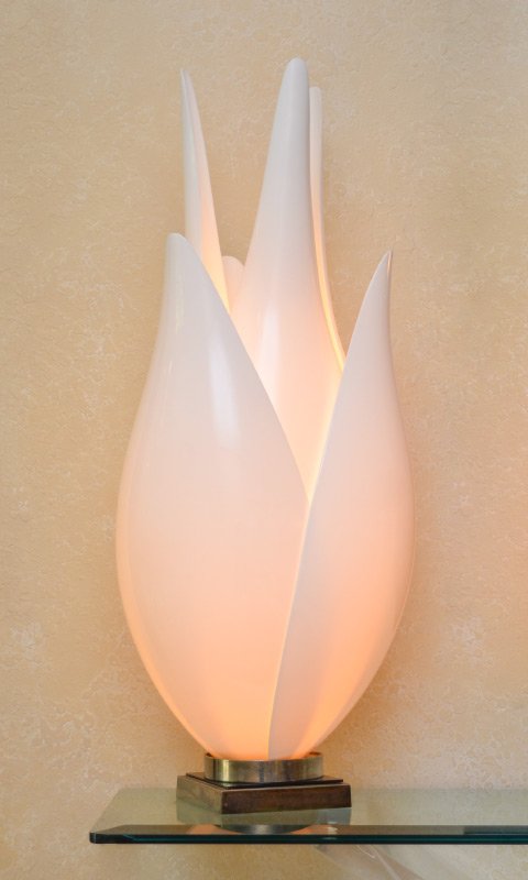LARGE ROUGIER ACRYLIC TULIP TABLE LAMP: LARGE ROUGIER ACRYLIC TULIP TABLE LAMP: Tall white acrylic overlapping petals on brass base. Marked Rougier, overall measures 33 1/2" h. x 13".