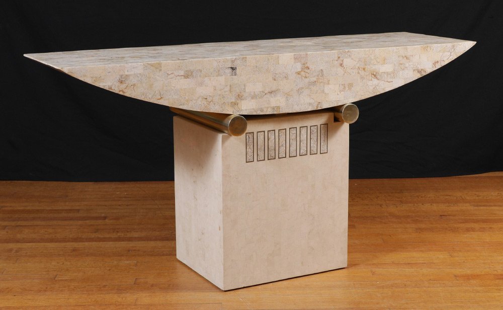 CONTEMPORARY MARBLE CLAD SOFA TABLE: CONTEMPORARY MARBLE CLAD SOFA TABLE: Contemporary design, clad marble top with concave base over metal rods supported by clad marble pedestal base. No visible makers mark or label, overall measures 29